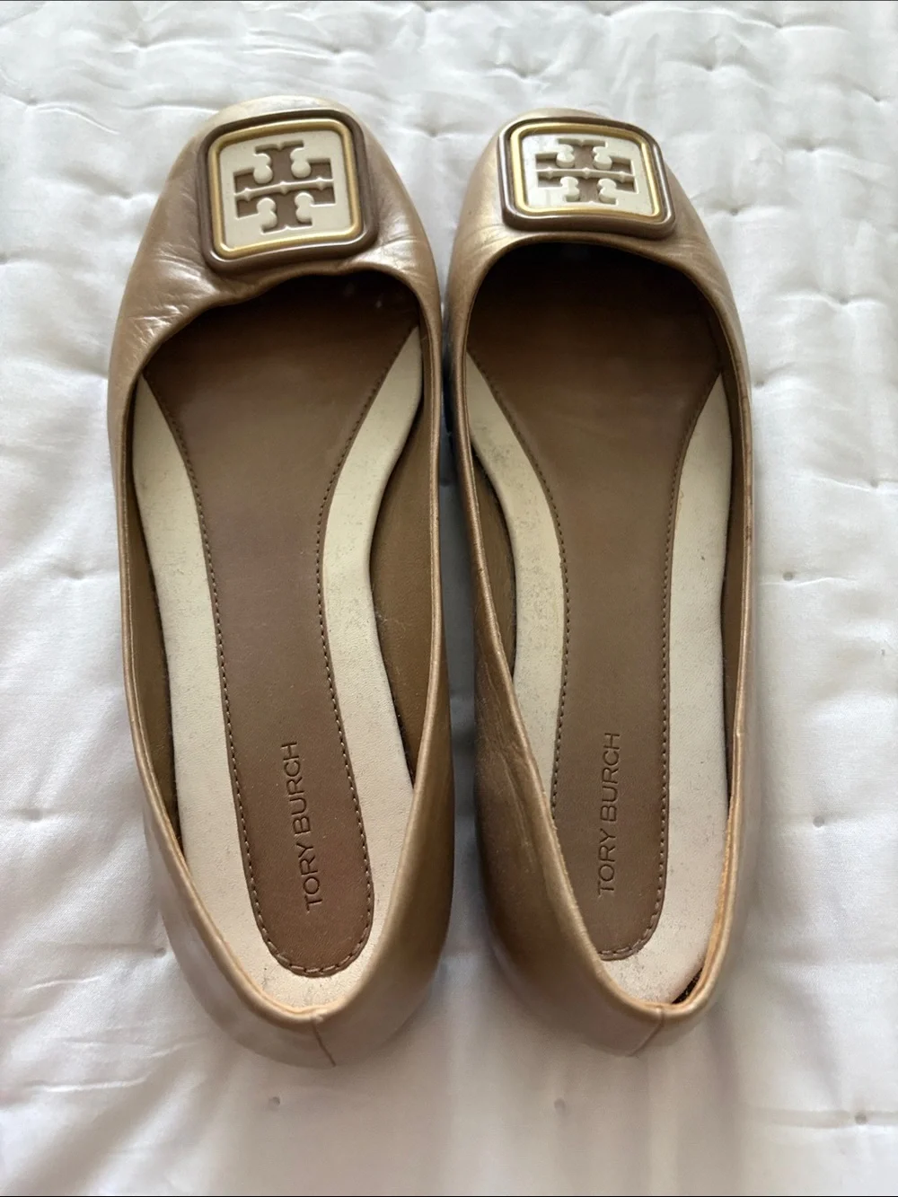 Tory Burch Metallic Tan Logo Ballet Flats